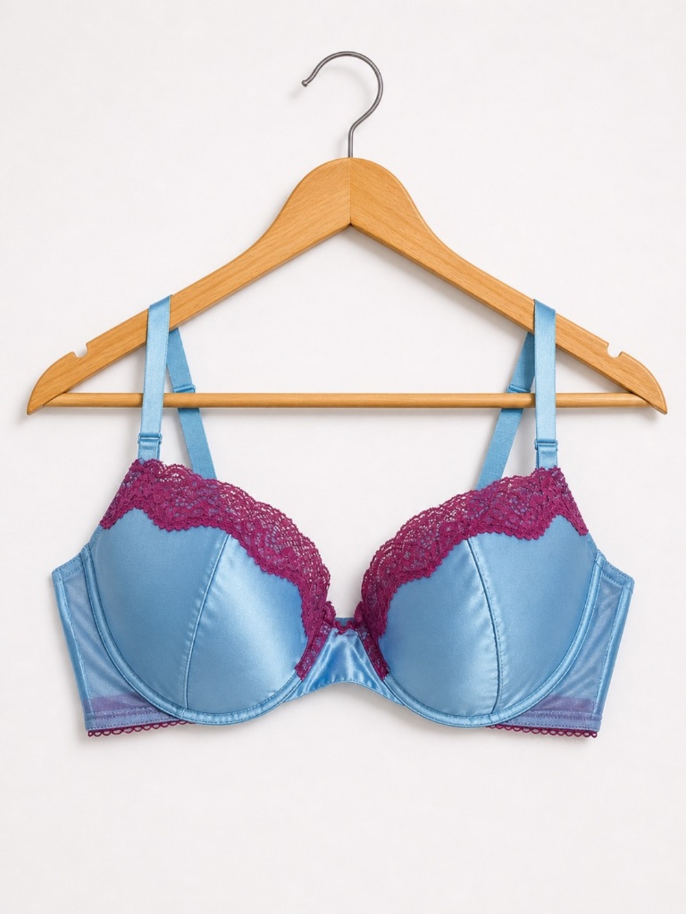 Victoria's Secret Blue Tease Satin Underwire Bra with Magenta Lace